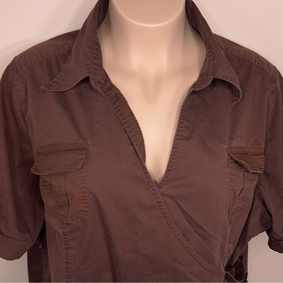 26W 28WCATO BROWN WRAP BLOUSE TOP COLLAR SHORT SLEEVE STRETCH COTTON BLEND - Picture 2 of 12